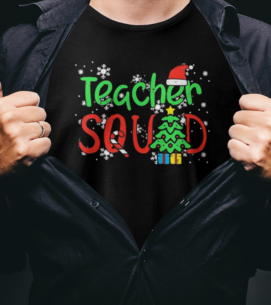 Teacher Squad Christmas Tree Candy Cane Santa Hat Snowflakes T-Shirt