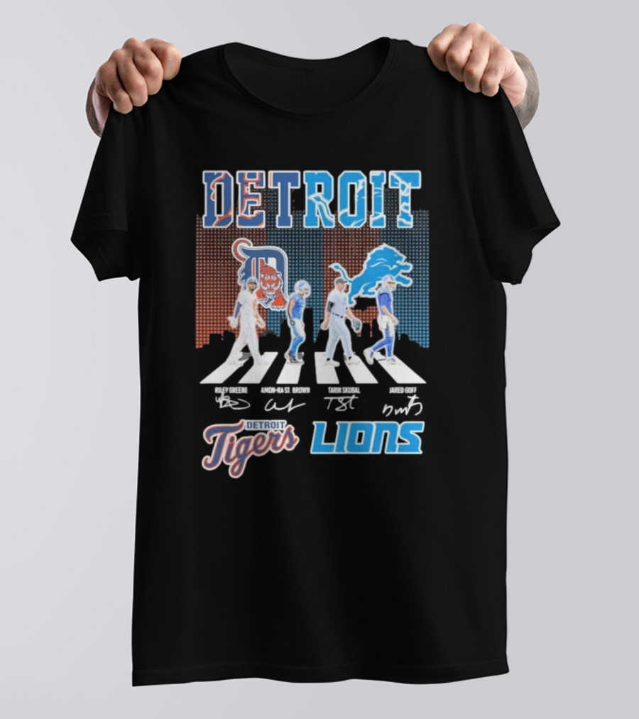 Detroit Lions Detroit Tigers Abbey Road Riley Greene Amon-Ra St. Brown Tarik Skubal Jared Goff Signatures T-Shirt