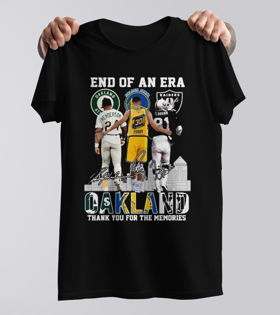 End Of An Era Oakland Henderson Curry Brown Thank You For The Memories Signatures T-Shirt
