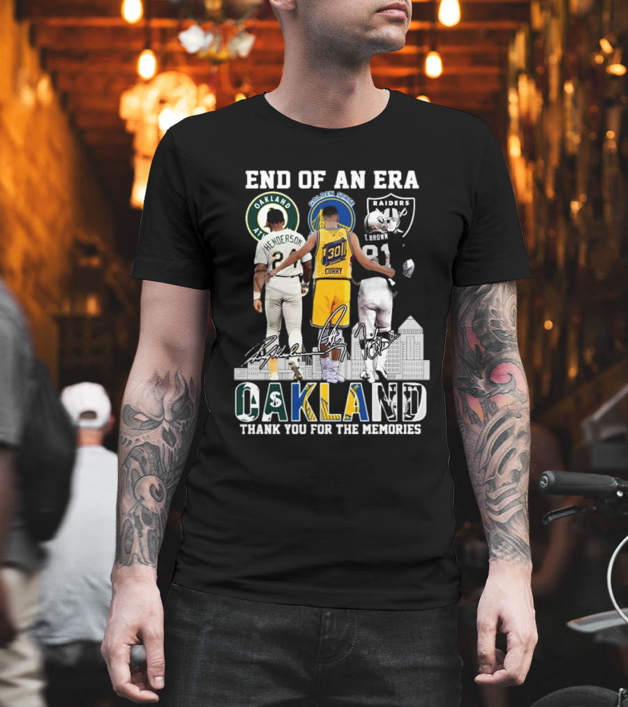 End Of An Era Oakland Henderson Curry Brown Thank You For The Memories Signatures T-Shirt
