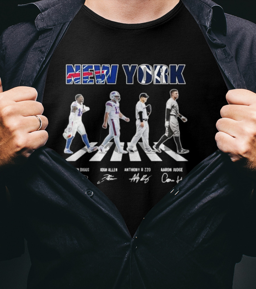 New York Teams Buffalo Bills Yankees Stefon Diggs Josh Allen Anthony Rizzo Aaron Judge Walking Signatures T-Shirt
