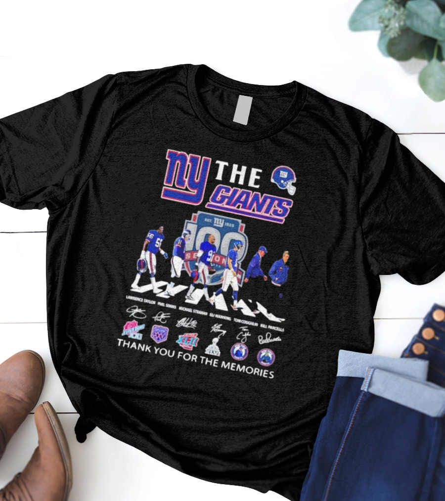 NY Giants 100 Seasons Abbey Road Lawrence Taylor Phil Simms Michael Strahan Eli Manning Tom Coughlin Bill Parcells Signatures Thank You For The Memories T-Shirt