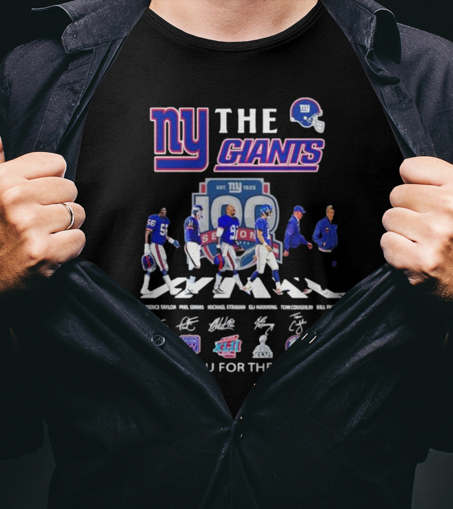 NY Giants 100 Seasons Abbey Road Lawrence Taylor Phil Simms Michael Strahan Eli Manning Tom Coughlin Bill Parcells Signatures Thank You For The Memories T-Shirt