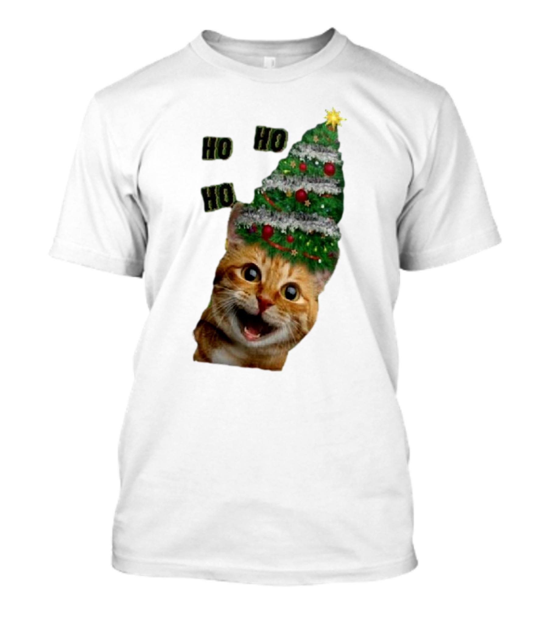 Cat With Christmas Tree Hat Ho Ho Ho Christmas T-Shirt