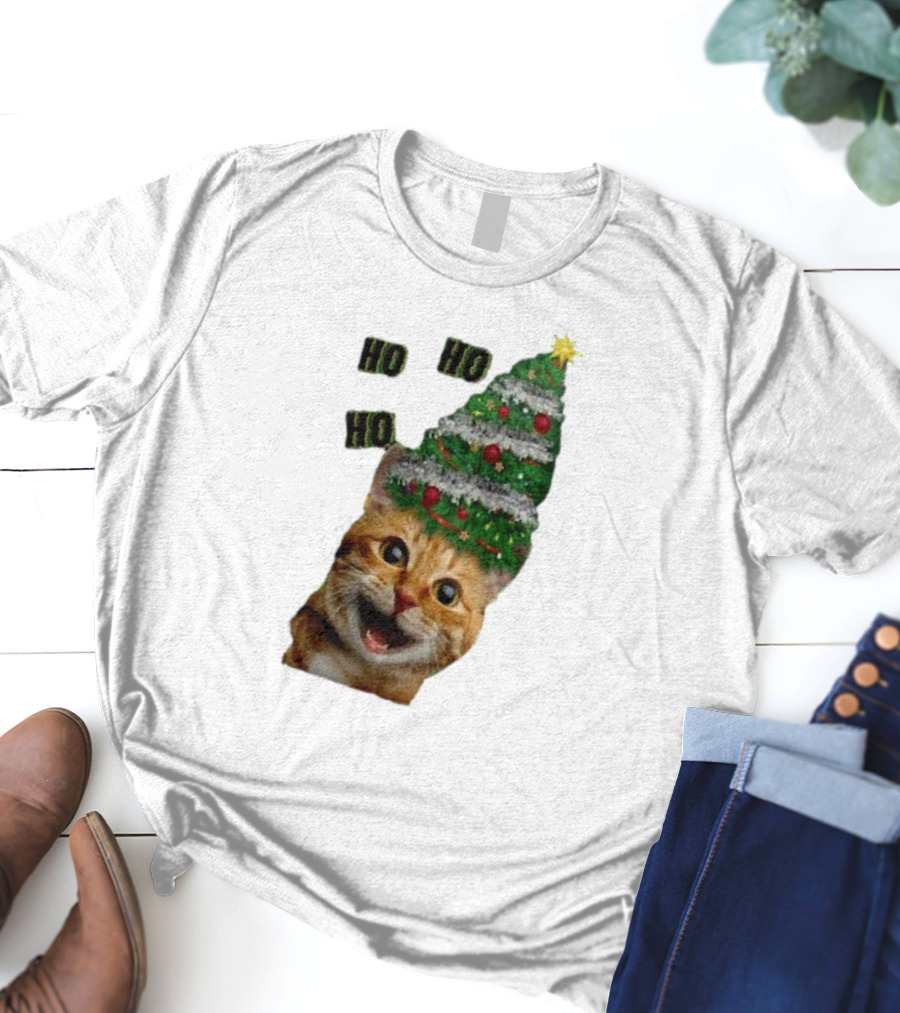 Cat With Christmas Tree Hat Ho Ho Ho Christmas T-Shirt