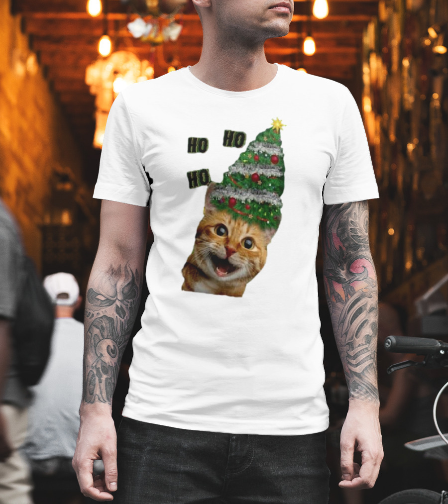 Cat With Christmas Tree Hat Ho Ho Ho Christmas T-Shirt