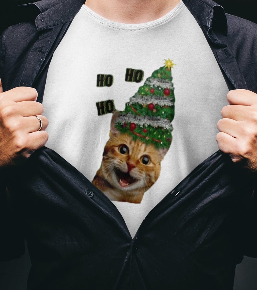 Cat With Christmas Tree Hat Ho Ho Ho Christmas T-Shirt