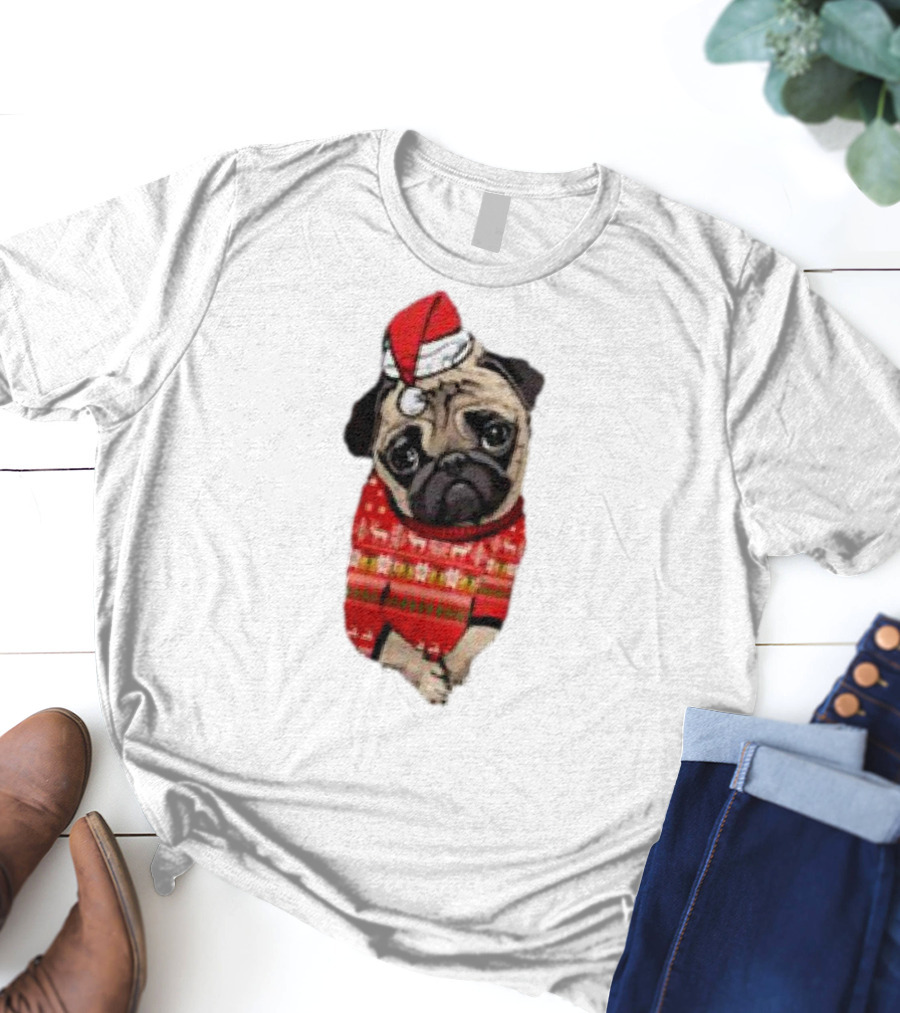 Lovely Pug Christmas Sweater Santa Hat Holiday T-Shirt