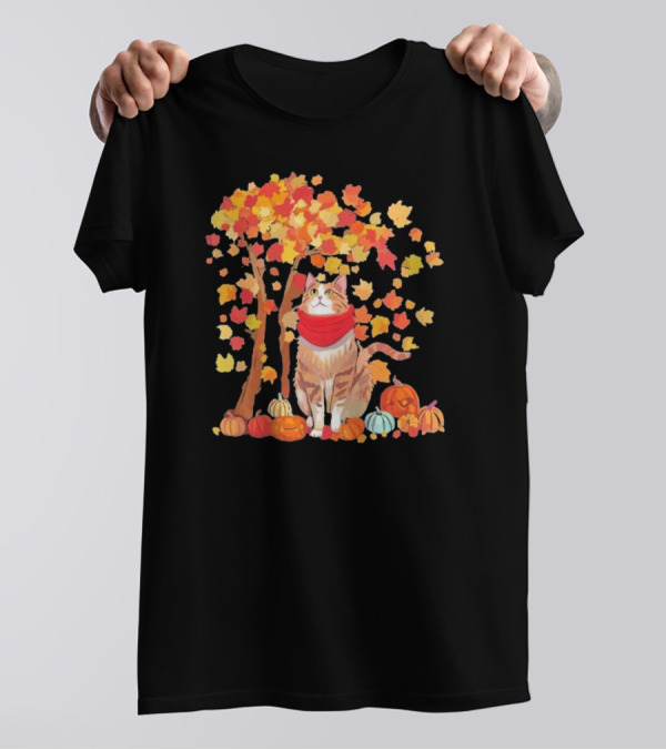 ItS Fall YAll Cat Leaf Fall Tree Hello Autumn Thanksgiving Pumpkin Scarf T-Shirt