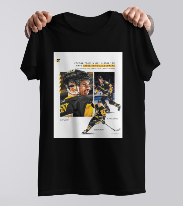 Pittsburgh Penguins Historic 500 Goal Scorers Sidney Crosby Mario Lemieux Evgeni Malkin NHL Milestone T-Shirt