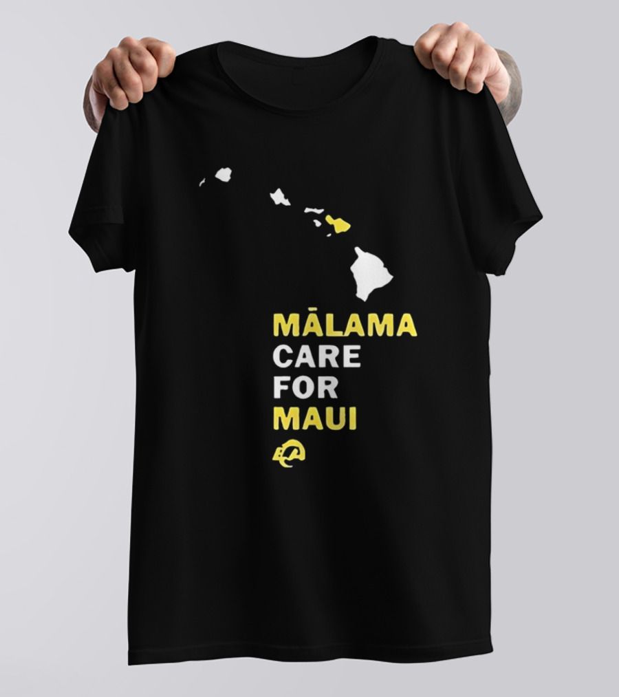 Mālama Care For Maui Los Angeles Rams Support With Hawaiian Islands Map T-Shirt