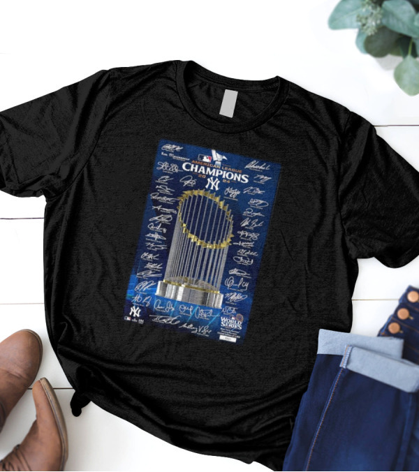 New York Yankees 2024 American League Champions Trophy Signatures Framed Photo T-Shirt
