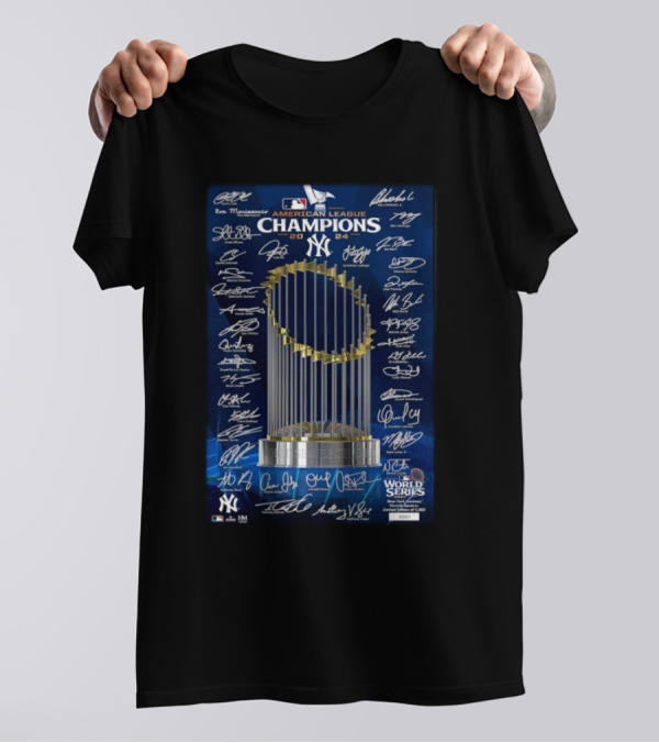 New York Yankees 2024 American League Champions Trophy Signatures Framed Photo T-Shirt