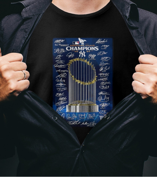 New York Yankees 2024 American League Champions Trophy Signatures Framed Photo T-Shirt