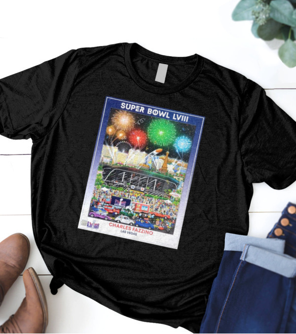 Super Bowl LVIII Charles Fazzino Las Vegas 2024 Stadium Fireworks Celebration T-Shirt
