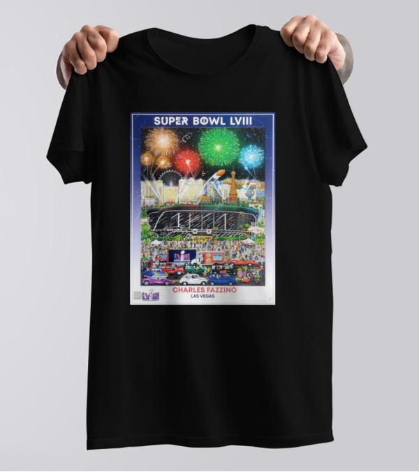 Super Bowl LVIII Charles Fazzino Las Vegas 2024 Stadium Fireworks Celebration T-Shirt