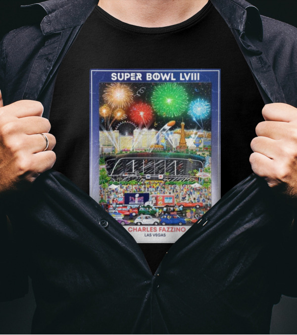 Super Bowl LVIII Charles Fazzino Las Vegas 2024 Stadium Fireworks Celebration T-Shirt