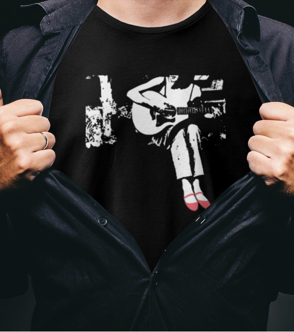 Devon Gabriella Playing Acoustic Guitar Black And White Contrast Red Shoes T-Shirt