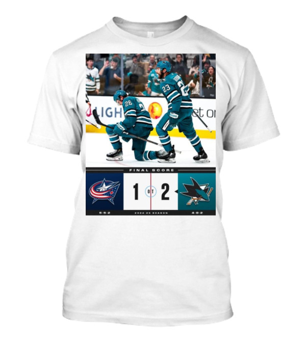 NHL Final Score Columbus Blue Jackets 1 San Jose Sharks 2 OT 2024-25 Season T-Shirt