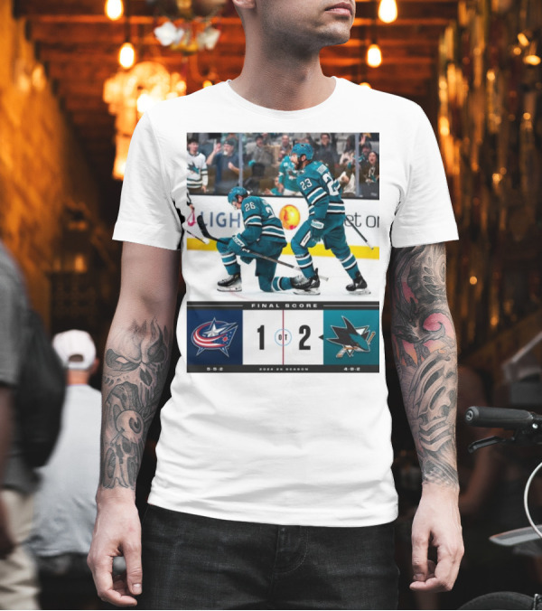 NHL Final Score Columbus Blue Jackets 1 San Jose Sharks 2 OT 2024-25 Season T-Shirt