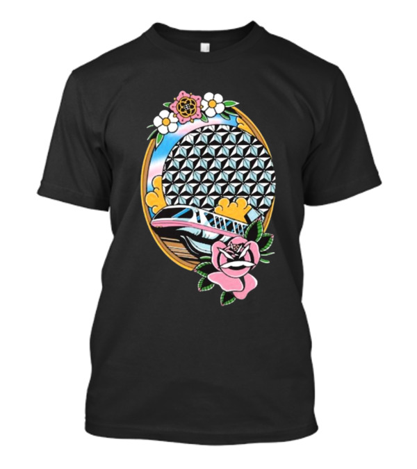The Lost Bros Monorail Spaceship Earth Tattoo Style Floral T-Shirt