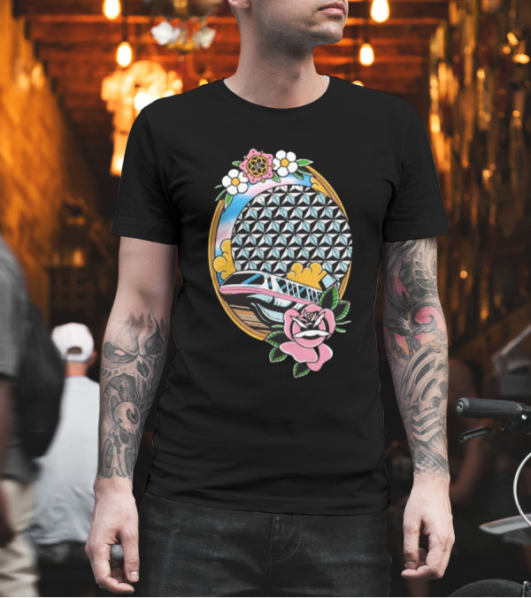 The Lost Bros Monorail Spaceship Earth Tattoo Style Floral T-Shirt