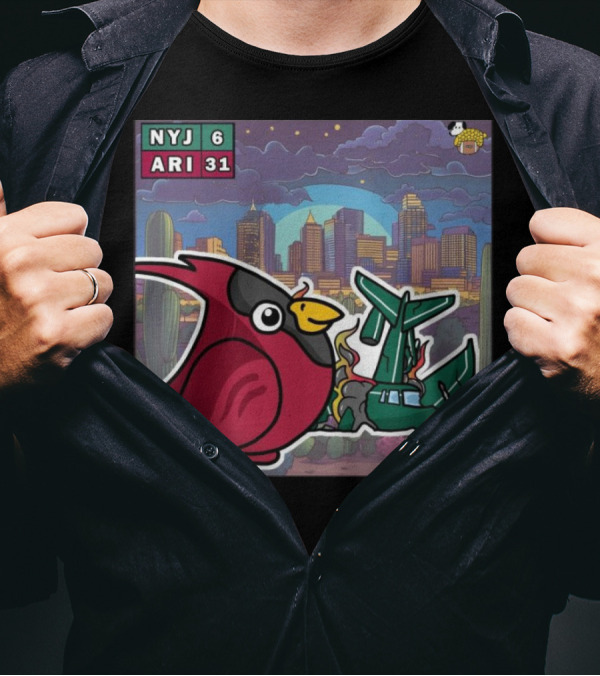 Arizona Cardinals Victory Over New York Jets 31-6 Week 10 NFL Game Comic Art Skyline Cactus Scene T-Shirt