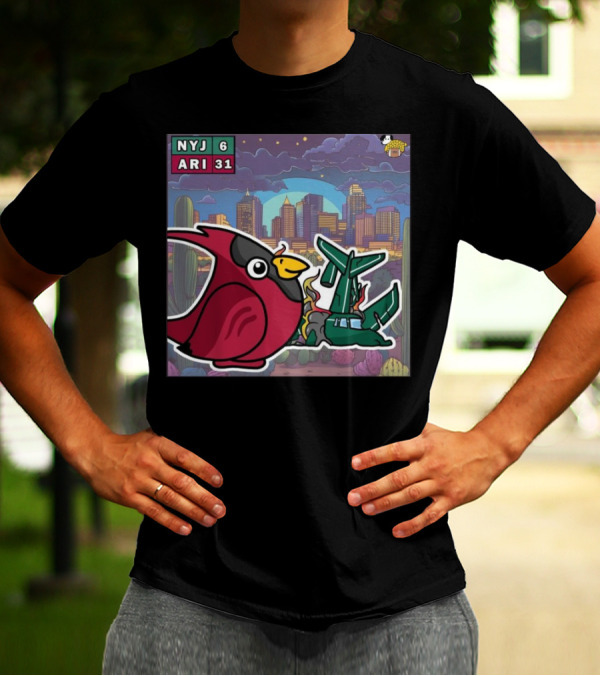 Arizona Cardinals Victory Over New York Jets 31-6 Week 10 NFL Game Comic Art Skyline Cactus Scene T-Shirt