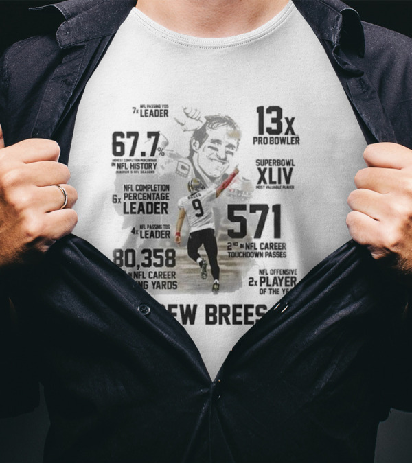 Drew Brees New Orleans Saints Legend 2024 NFL Passing Leader 13x Pro Bowler Super Bowl XLIV MVP T-Shirt
