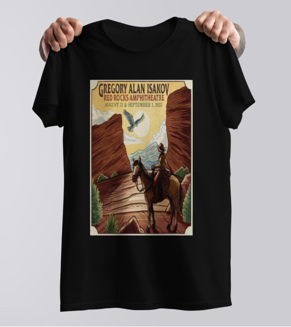 Gregory Alan Isakov Red Rocks Amphitheatre August 31 September 1 2025 Cowboy Scene With Eagle And Mountains T-Shirt