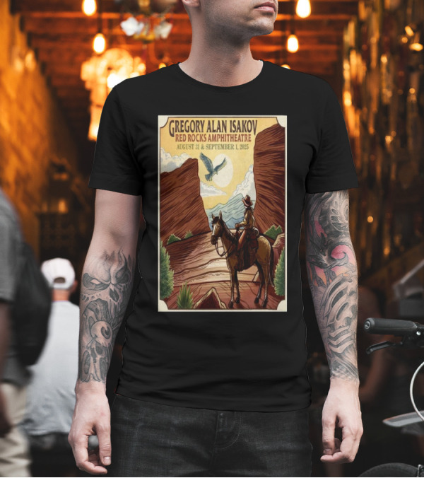 Gregory Alan Isakov Red Rocks Amphitheatre August 31 September 1 2025 Cowboy Scene With Eagle And Mountains T-Shirt