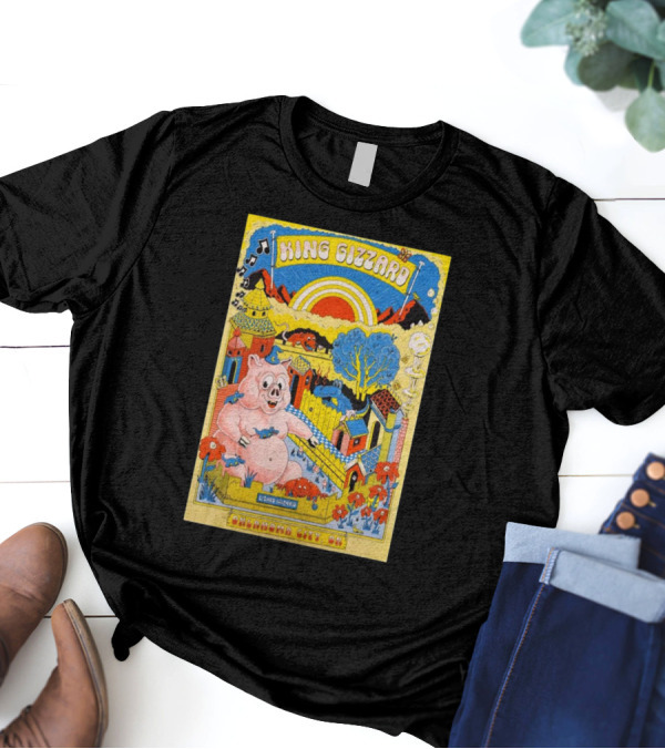 King Gizzard Oklahoma City OK The Criterion November 12 2024 Vibrant Cartoon Pig And Psychedelic Landscape T-Shirt
