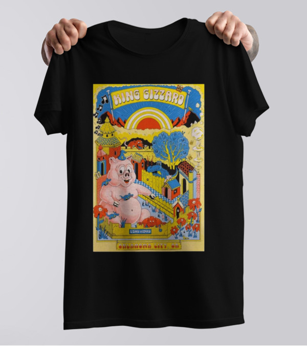 King Gizzard Oklahoma City OK The Criterion November 12 2024 Vibrant Cartoon Pig And Psychedelic Landscape T-Shirt