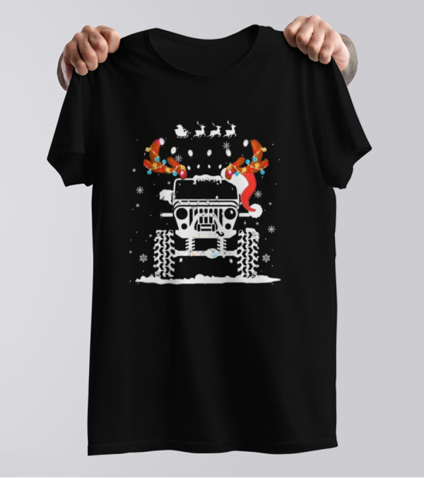 Jeep Reindeer Antlers Santa Sleigh Christmas Lights T-Shirt