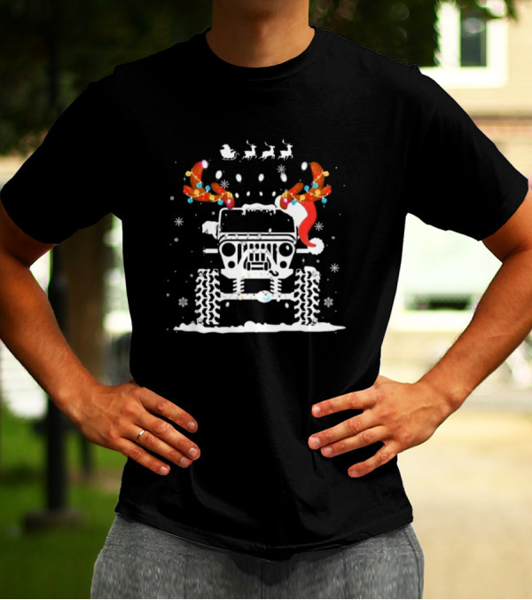 Jeep Reindeer Antlers Santa Sleigh Christmas Lights T-Shirt