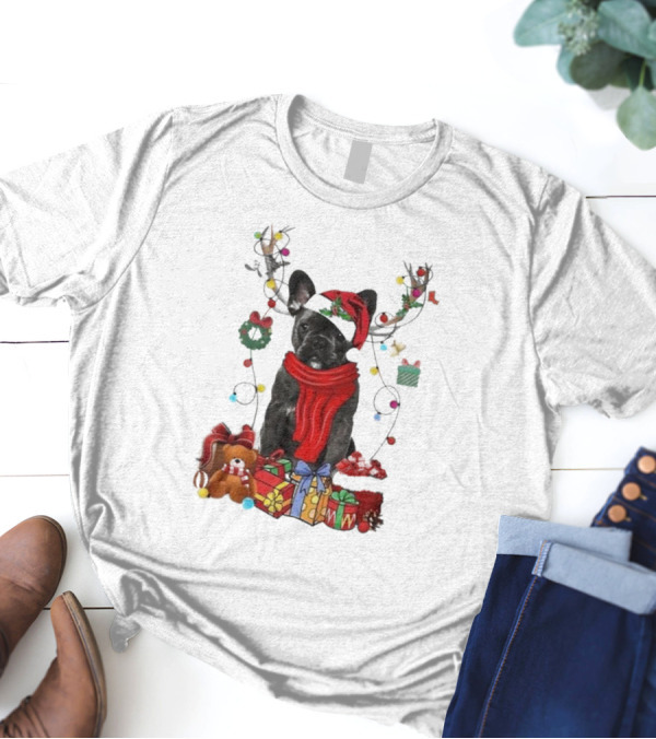 French Bulldog Reindeer Christmas Lights Merry Christmas Wreath Gifts T-Shirt