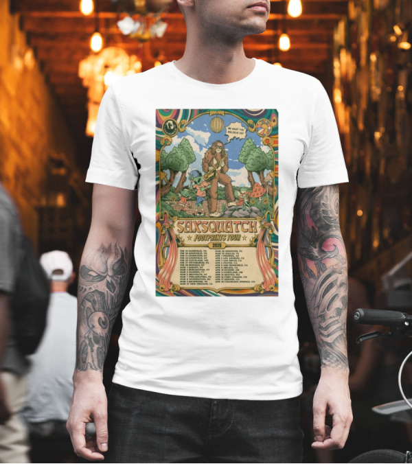 Saxsquatch Footprints Tour 2025 Psychedelic Concert Poster With Bigfoot And Mushroom T-Shirt