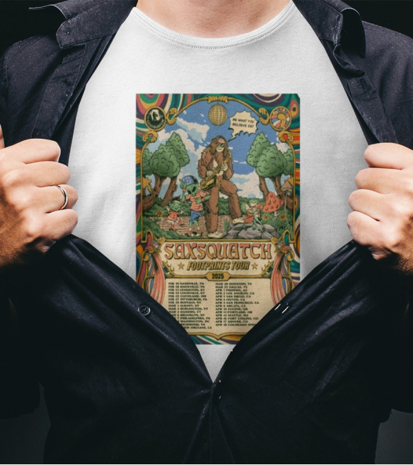 Saxsquatch Footprints Tour 2025 Psychedelic Concert Poster With Bigfoot And Mushroom T-Shirt