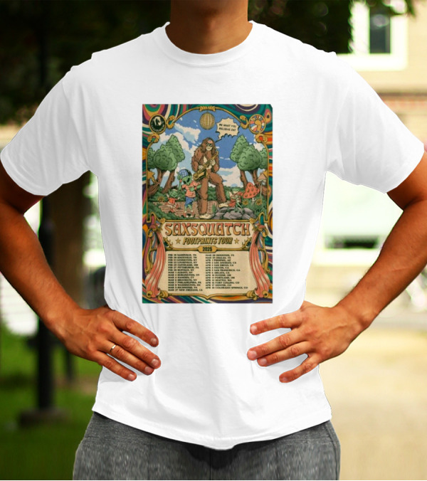 Saxsquatch Footprints Tour 2025 Psychedelic Concert Poster With Bigfoot And Mushroom T-Shirt