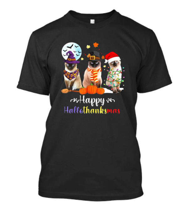 Happy Hallothanksmas Siamese Cat Halloween Christmas Kitten T-Shirt