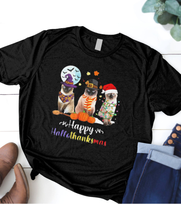 Happy Hallothanksmas Siamese Cat Halloween Christmas Kitten T-Shirt