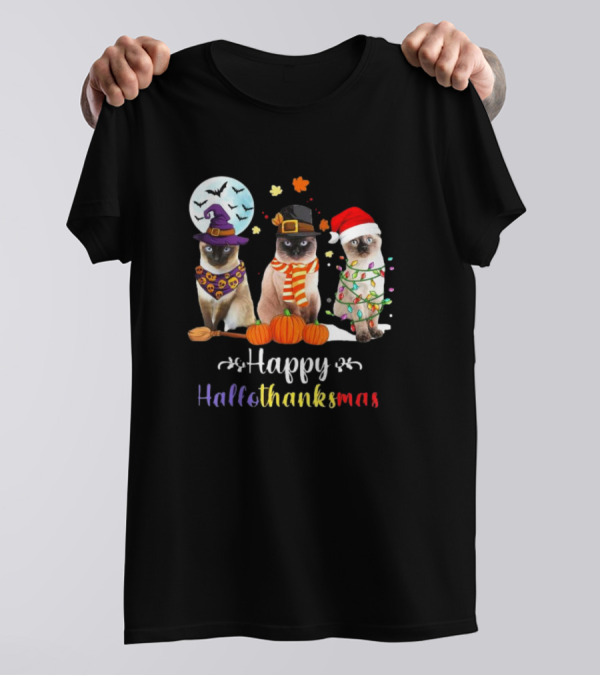 Happy Hallothanksmas Siamese Cat Halloween Christmas Kitten T-Shirt
