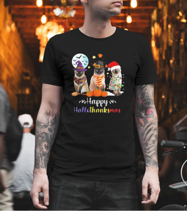 Happy Hallothanksmas Siamese Cat Halloween Christmas Kitten T-Shirt