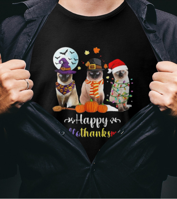 Happy Hallothanksmas Siamese Cat Halloween Christmas Kitten T-Shirt
