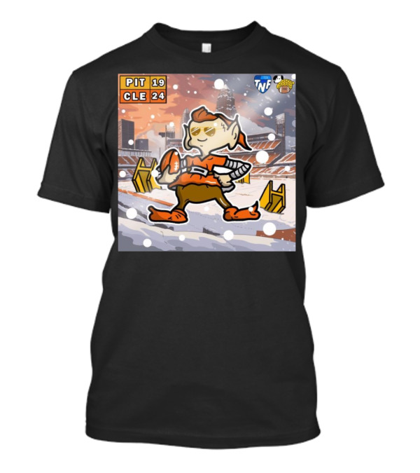 PIT 19 CLE 24 TNF Victory Cartoon Snowy Stadium Scene T-Shirt