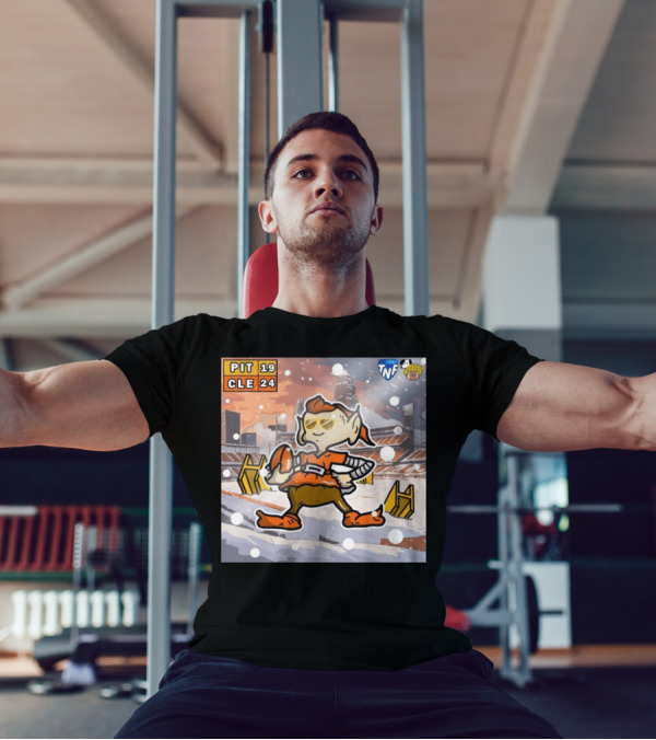 PIT 19 CLE 24 TNF Victory Cartoon Snowy Stadium Scene T-Shirt