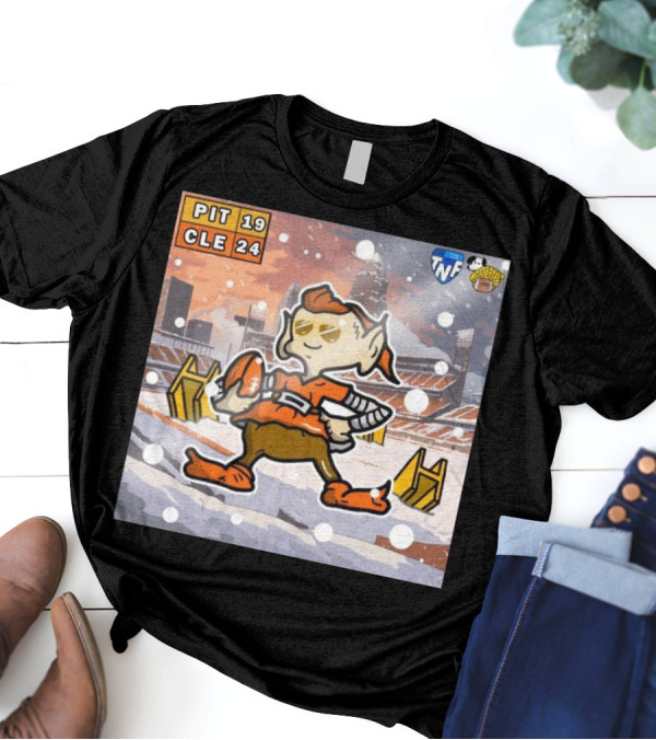 PIT 19 CLE 24 TNF Victory Cartoon Snowy Stadium Scene T-Shirt