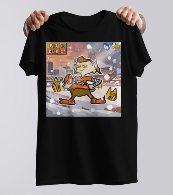 PIT 19 CLE 24 TNF Victory Cartoon Snowy Stadium Scene T-Shirt
