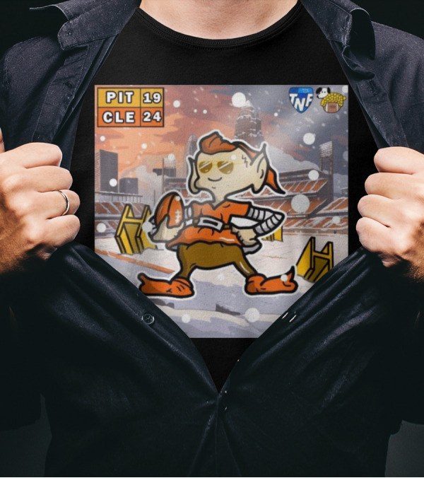 PIT 19 CLE 24 TNF Victory Cartoon Snowy Stadium Scene T-Shirt
