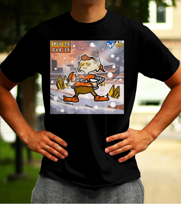 PIT 19 CLE 24 TNF Victory Cartoon Snowy Stadium Scene T-Shirt